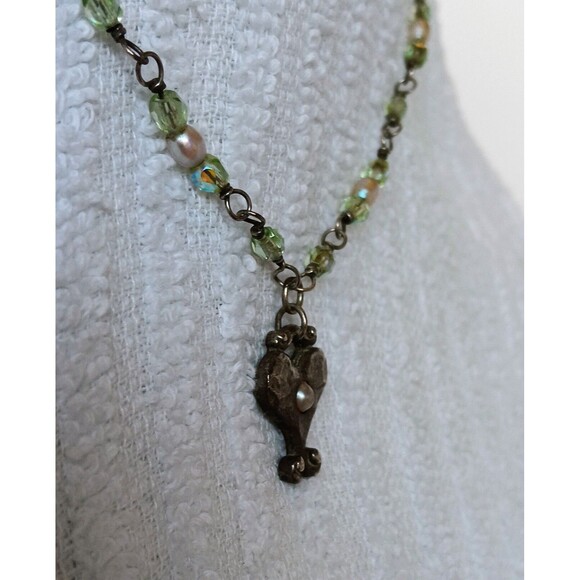 Artisan Sterling Silver Heart Pendant Green AB Glass & Pearl Necklace 16-18 in - Picture 4 of 15